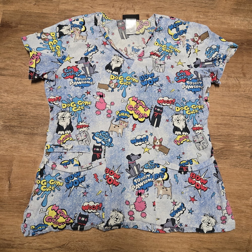 Cherokee Dog Cat Graphic Scrub Top Size Medium